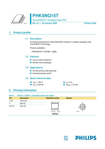 Philips PHK5NQ15T TrenchMOS Standard Level FET Datasheet - cover page