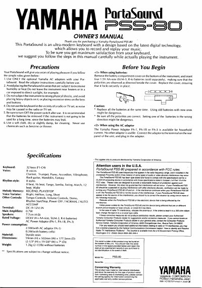 Yamaha PSS-80 PortaSound Owner's Manual - cover page