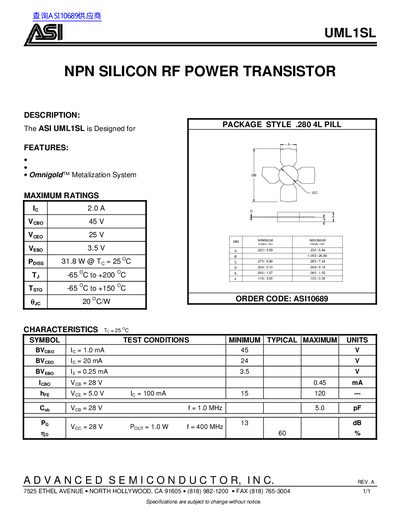 ASI UML1SL NPN Silicon RF Power Transistor Datasheet - cover page