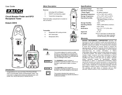 Extech CB10 Circuit Breaker Finder and GFCI Receptacle Tester User Guide