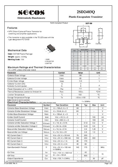 SECOS 2SD2403Q Plastic-Encapsulate Transistor - cover page