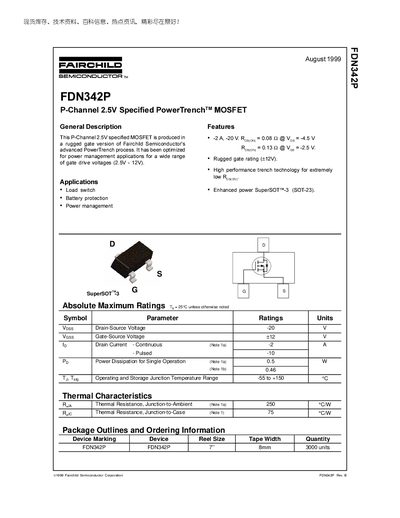 Fairchild FDN342P P‑Channel MOSFET Datasheet - cover page