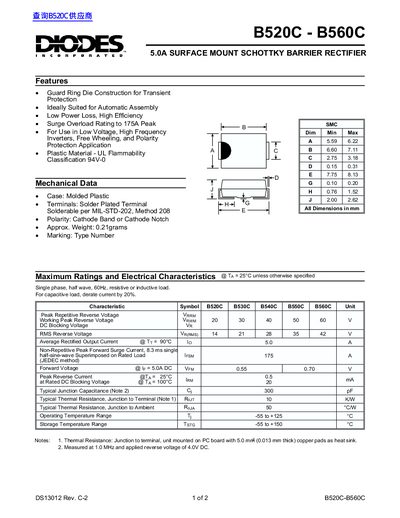 Diodes B520C-B560C 5.0A Surface Mount Schottky Barrier Rectifier Datasheet - cover page