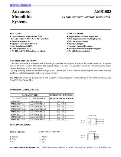 AMS1083 8A Low Dropout Voltage Regulator Datasheet - cover page