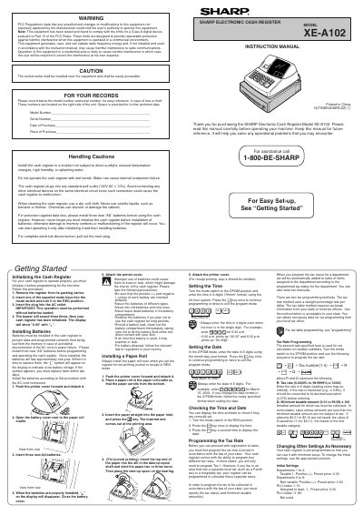 Sharp XE-A102 Electronic Cash Register Instruction Manual - cover page