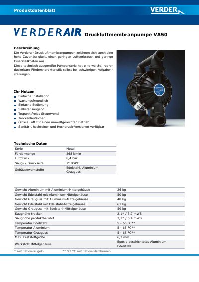 VERDER VA50 Pneumatic Diaphragm Pump Datasheet - cover page