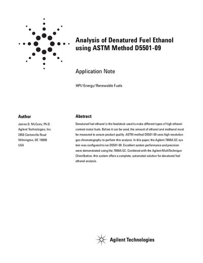 Agilent 7890A GC Application Note for ASTM D5501-09 - cover page