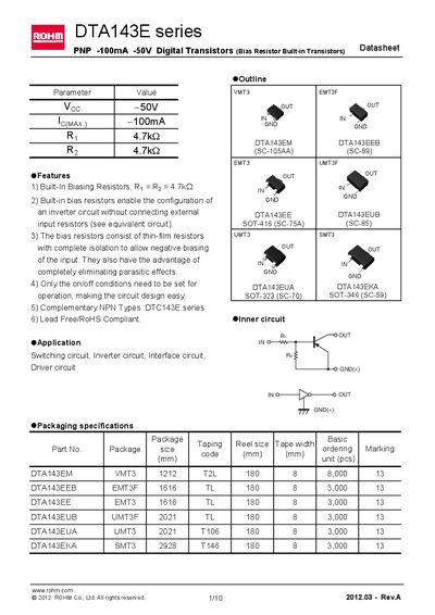 ROHM DTA143EE Datasheet - cover page