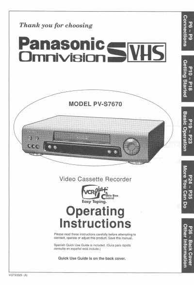 Panasonic PV-S7670 Video Cassette Recorder Operating Instructions - cover page