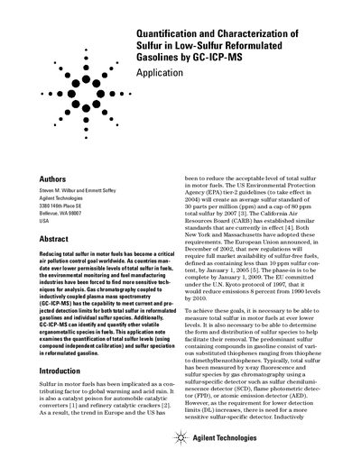 Agilent GC-ICP-MS Application Note for Sulfur Quantification in Gasoline - cover page
