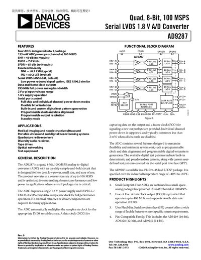 Analog Devices AD9287 8‑Bit 100 MSPS Serial LVDS ADC Datasheet - cover page