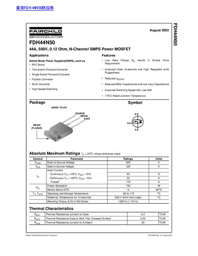Fairchild FDH44N50 N-Channel SMPS Power MOSFET Datasheet - cover page