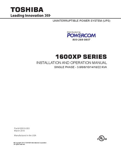 Toshiba 1600XP Series Installation and Operation Manual - cover page
