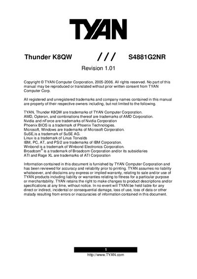TYAN Thunder K8QW S4881G2NR Revision 1.01 Manual