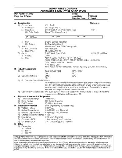 Alpha Wire 5471C Customer Product Specification - cover page
