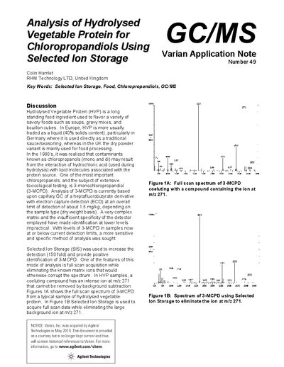 Agilent GCMS49 Analysis of Hydrolysed Vegetable Protein for Chloropropandiols Using Selected Ion Storage Application Not - cover page