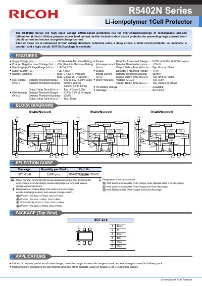Ricoh R5402N Series Li-ion/polymer 1Cell Protector Datasheet - cover page