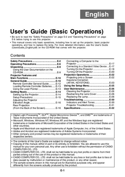 Casio XJ-460/-560 Projector User's Guide (Basic Operations) - cover page