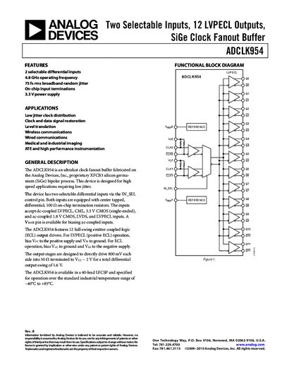 Analog Devices ADCLK954 Clock Fanout Buffer Datasheet - cover page