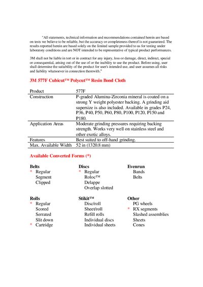 3M 577F Resin Bond Cloth Product Data Sheet - cover page