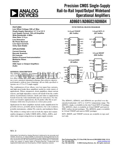 Analog Devices AD8601/AD8602/AD8604 Operational Amplifier Datasheet - cover page