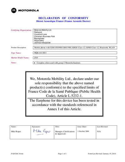 Motorola MQ6-4411B11 Mobile Phone Declaration of Conformity - cover page