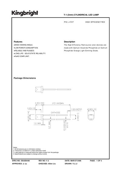 KINGBRIGHT T-1 (3mm) CYLINDRICAL LED LAMP P/N: L-474IT HIGH EFFICIENCY RED - cover page