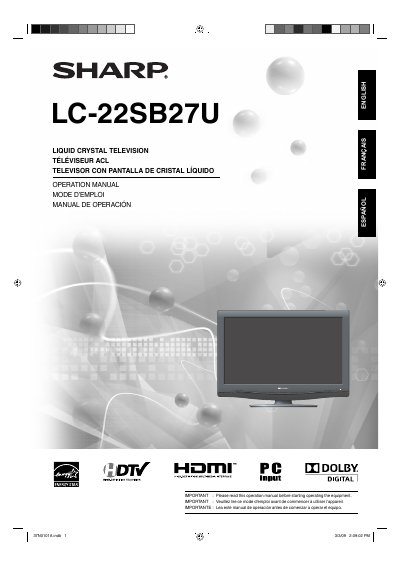 Sharp LC-22SB27U Liquid Crystal Television Operation Manual