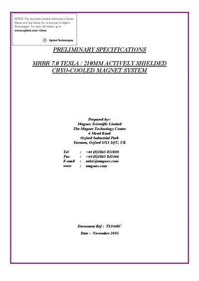 Magnex MRBR 7.0/210/ASZ Actively Shielded Magnet Preliminary Specifications - cover page