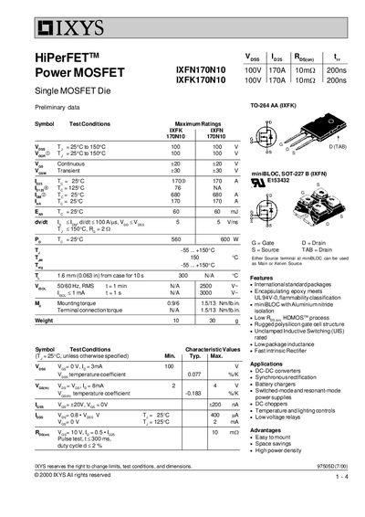 IXYS IXFN170N10 Datasheet - cover page