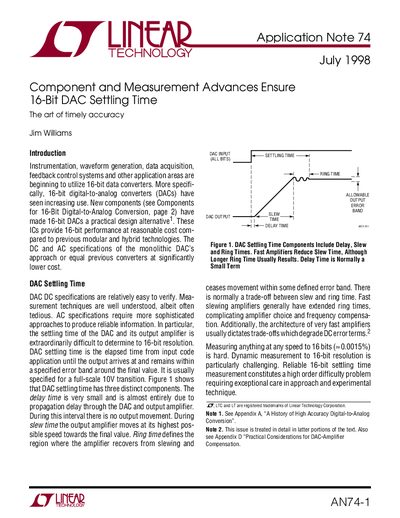 Linear Technology AN74-1 16-Bit DAC Settling Time Application Note - cover page
