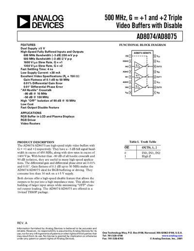 Analog Devices AD8074/AD8075 Datasheet - cover page