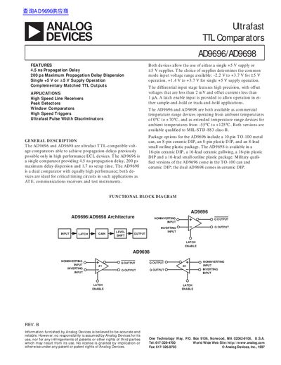 Analog Devices AD9696/AD9698 Ultrafast TTL Comparators Datasheet - cover page