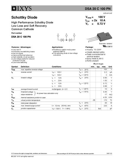 IXYS DSA 20 C 100 PN Schottky Diode Datasheet - cover page