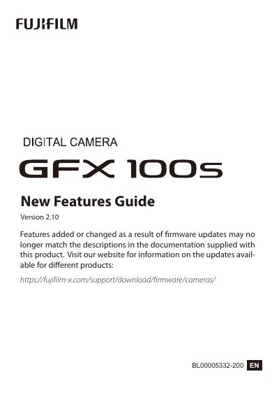 Fujifilm GFX100S New Features Guide Version 2.10 - cover page