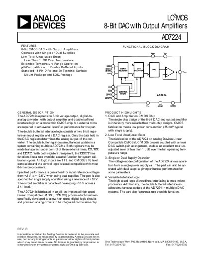 Analog Devices AD7224 8‑Bit DAC with Output Amplifier Datasheet - cover page