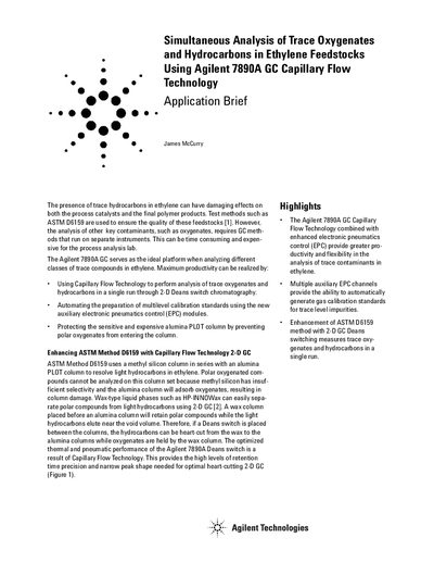 Agilent 7890A GC Capillary Flow Technology Application Brief for Trace Oxygenates and Hydrocarbons Analysis - cover page