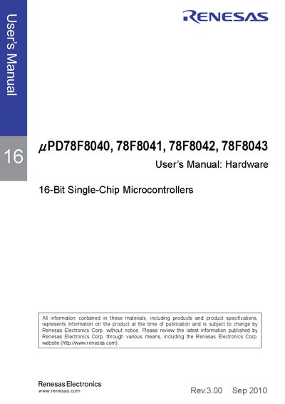 Renesas μPD78F8040/41/42/43 16-Bit Single-Chip Microcontrollers User's Manual - cover page