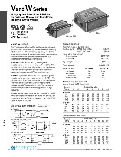 Corcom V/W Series Multipurpose Power Line RFI Filter Datasheet - cover page