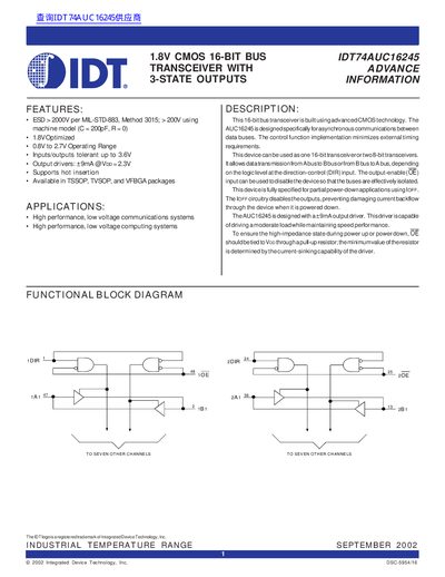 IDT 74AUC16245 16‑Bit Bus Transceiver Datasheet - cover page