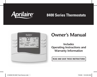 Aprilaire Model 8463/8465/8466/8476 Programmable Thermostats owner's Manual - cover page