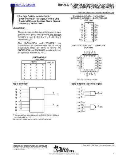 TEXAS INSTRUMENTS SN54ALS21A SN54AS21 SN74ALS21A SN74AS21 DUAL 4-INPUT POSITIVE-AND GATES handbook - cover page