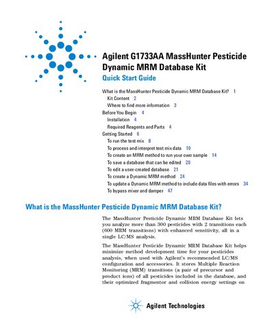 Agilent G1733AA MassHunter Pesticide Dynamic MRM Database Kit Quick Start Guide - cover page