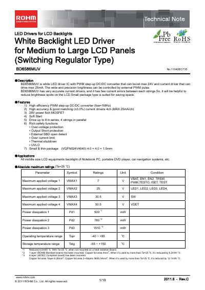 ROHM BD6586MUV LED Driver Technical Note - cover page