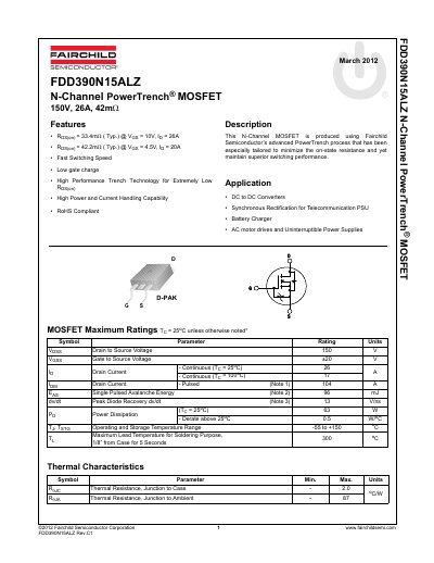 Fairchild FDD390N15ALZ N-Channel PowerTrench MOSFET Datasheet - cover page