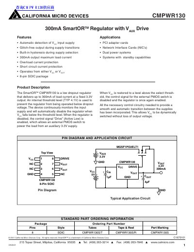 California Micro Devices CMPWR130 SmartOR Regulator Datasheet - cover page