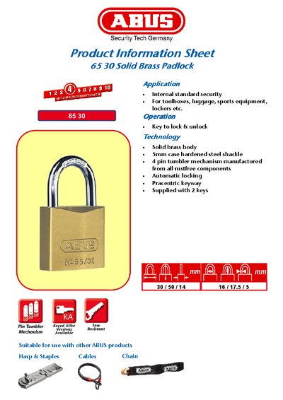 ABUS 65 30 Padlock Product Information Sheet - cover page