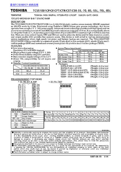 Toshiba TC551001CP 131K-Word x8-Bit Static RAM Datasheet - cover page