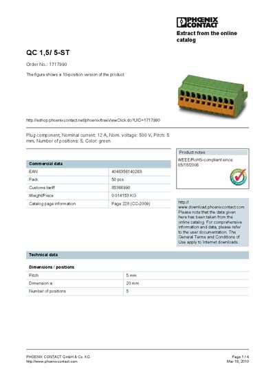 PHOENIX CONTACT - QC 1 5/ 5-ST Order No.: 1717990 The figure shows a 10-position version of the product handbook - cover page
