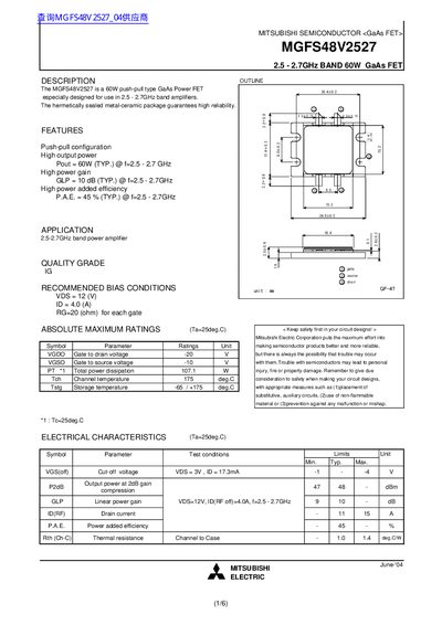 Mitsubishi MGFS48V2527 GaAs FET Datasheet - cover page